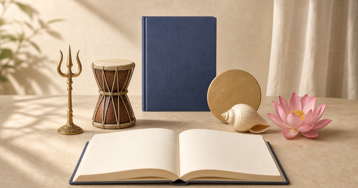三叉の小さな飾りと砂時計型の太鼓、円盤、法螺貝、蓮の花を、白紙のノートと参考書の前に並べた学習用のイメージ